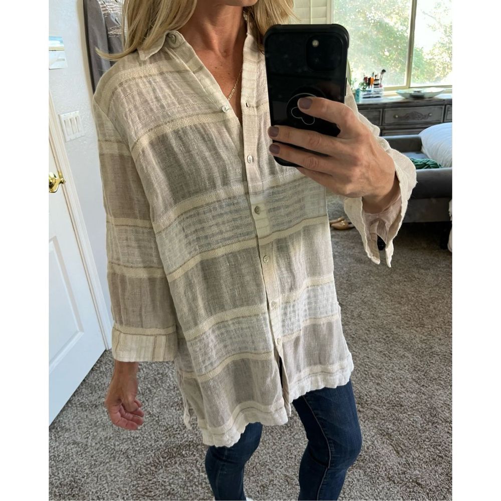 Chico's Cream and Beige Striped Lightweight Button-Up Blouse